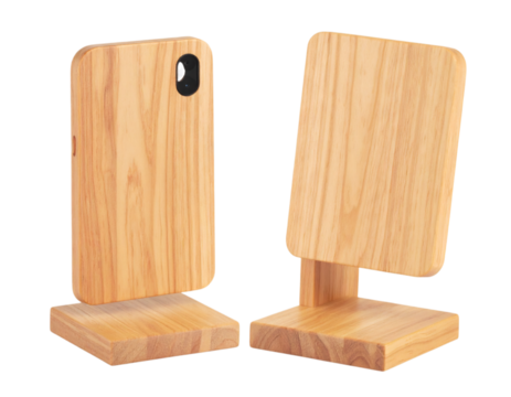 Wooden phone case and stand, a natural accessory for mobile devices, showcasing craftsmanship and sustainable materials on transparent background