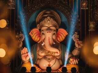 Fototapeta premium Clay Ganesh Idol with Spotlight Illumination and Festive Bokeh Lights – Photorealistic Scene