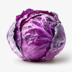 Obraz premium A vibrant, whole red cabbage sits on a plain white background, showcasing its deep purple-red hue and tightly packed leaves with subtle textural variations