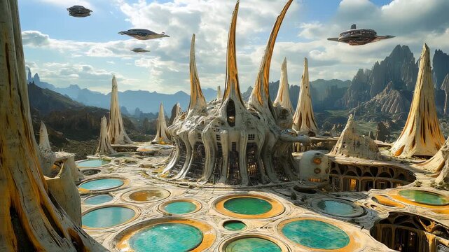 Futuristic alien city with unique architecture, flying crafts, and stunning landscapes, a