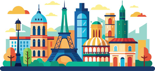Vector illustration set of city landmarks including a Moscow cathedral, a Parisian castle, and other European architecture and monuments