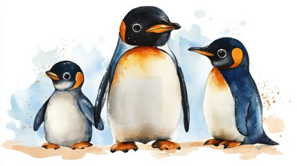 Obraz premium adorable watercolor penguin family standing together, white background