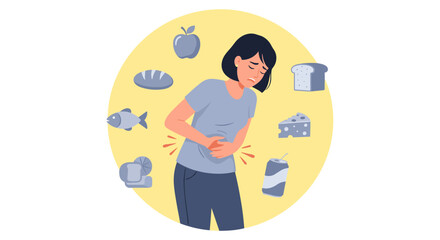 An illustrative depiction of a woman experiencing stomach pain, likely due to food intolerance or allergy, surrounded by various potential trigger foods.