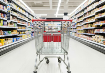Shopping cart in supermarket aisle filled with groceries representing consumerism and the shopping experience for food and household items