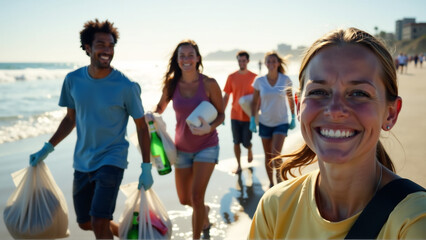 Diverse Group of Friends Working Together at a Beach Cleanup