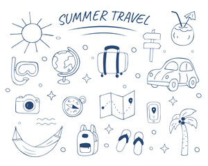 Doodle summer travel set with suitcase car map globe compass camera backpack and palm hand drawn vacation icons on white background