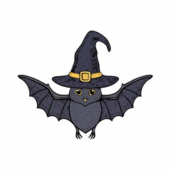 drawn halloween bat at witch hat icon in doodle style. Mark point icon design collection for halloween design element