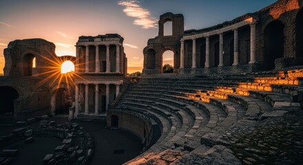 Obraz premium Ancient amphitheater at sunrise, sunbeams piercing through ruins
