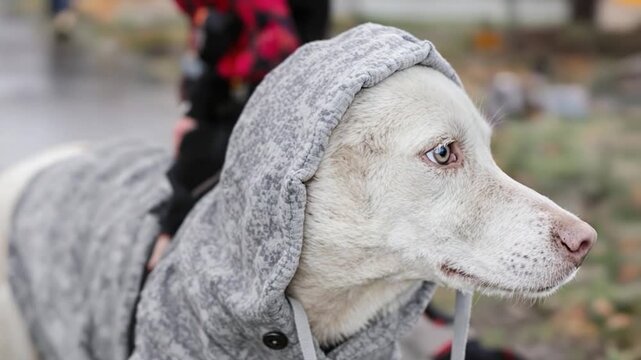 Dog in a Hoodie: Close-Up of a White Dog Wearing a Gray Hooded Sweatshirt