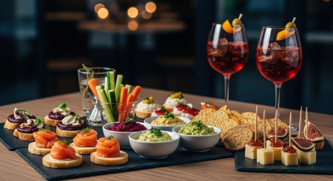 Assorted appetizers and cocktails on a platter