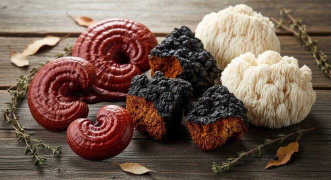 Assorted medicinal mushrooms on rustic wood