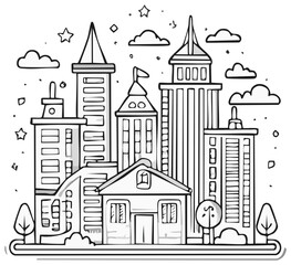 Fototapeta premium Illustration of City Skyline with Buildings, Trees, Clouds and Stars