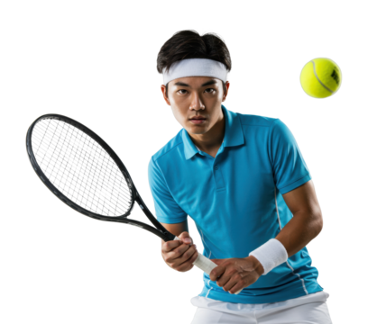 Young asian male tennis player in blue polo returning ball. Cut out PNG