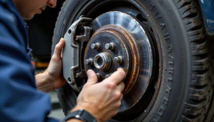 Close up of technician inspecting brake components while tire is off, depth of field isolating inspection area, professional lighting.