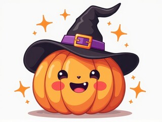 Sticker with a cute smiling pumpkin wearing a tiny witch hat surrounded by sparkles on a white background, whimsical Halloween design concept.