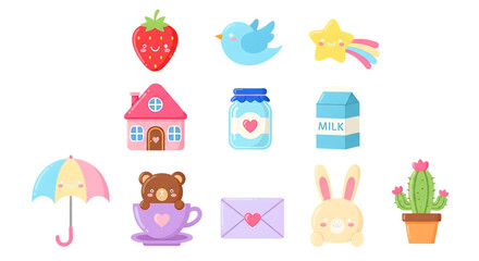 Fototapeta premium Cute Kawaii Icons of Strawberry Bird Star House Jar Milk Umbrella Bear Envelope Bunny Cactus Keywords: kawaii, cute, icons, strawberry, bird, star, house, jar, milk