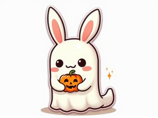 Obraz premium Sticker with a cute ghost wearing bunny ears holding a jack-o'-lantern plushie on a white background, playful Halloween design concept.