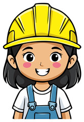 Cartoon Young Girl Smiling Wearing a Yellow Construction Helmet and Overalls
