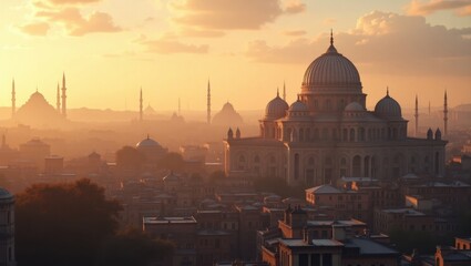 Fototapeta premium Golden Hour Panorama of an Ancient Cityscape with Majestic Domes and Minarets