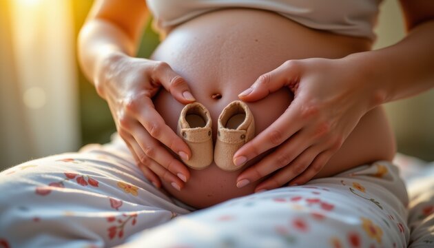 Hands placing tiny baby shoes on pregnant belly, sunbeam highlighting the gesture, shallow depth of field.