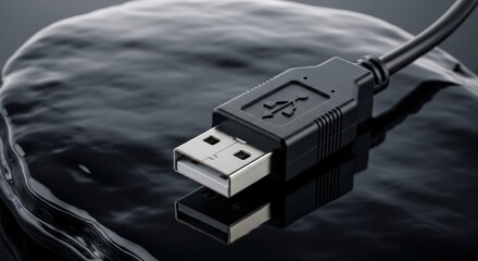 Fototapeta premium Close-up of a black USB cable connector resting on a dark, fluid surface