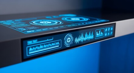 Sleek futuristic interface displays vibrant blue data streams, dynamic graphs, and interactive controls on a dark sleek surface. A technological marvel.