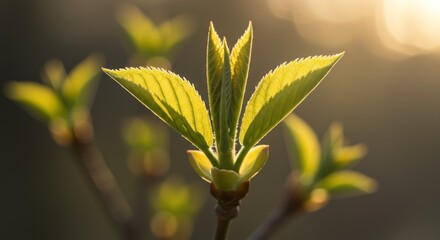 Obraz premium Emerging leaves, bathed in gentle sunlight, herald new growth.