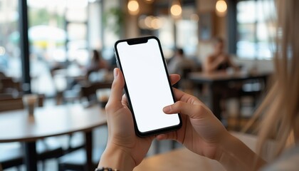 A person holding a smartphone with a blank white screen in a cozy cafe setting, ready for app design, mockup display, or user interaction concept.