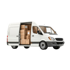  White cargo van with doors open and full of cardboard boxes for shipping, isolated [Transparent Background PNG]