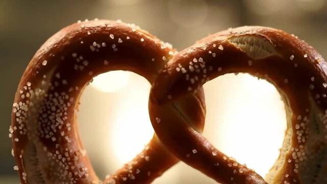 Close-up of a delicious pretzel sprinkled with salt, showcasing its golden-brown crust and inviting texture against a softly blurred background, emphasizing freshness and artisanal baking