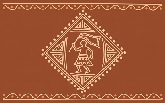 Traditional warli art featuring tribal figure with flag on brown background