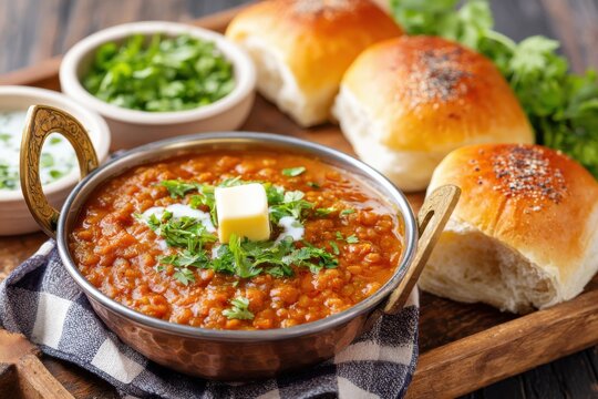 Indian street food pav bhaji served with butter and coriander in a copper bowl