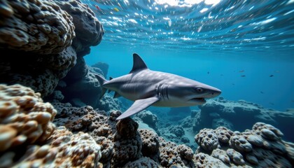 Fototapeta premium Vibrant underwater scene featu a sleek shark swimming near colorful coral reefs in clear ocean water showcasing marine life and vibrant aquatic ecosystem