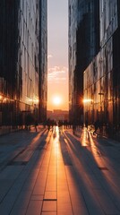 Golden Hour Reflections: Urban Landscape Bathed in Warm Sunset Light between Buildings