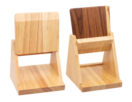 Two wooden business card holders, one light wood and one dark wood, for displaying cards on a desk or table on transparent background