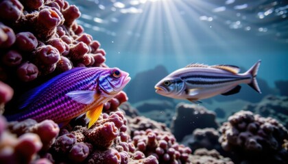 Vibrant colorful fish swimming around coral reef underwater scene with sunlight rays penetrating the clear water