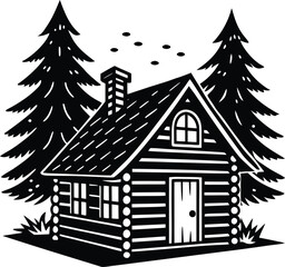 Fototapeta premium Vector art of a cozy log cabin nestled between two tall pine trees evokes a sense of peaceful seclusion and rustic charm in the wilderness