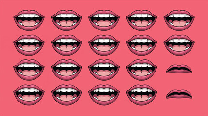 Multiple open pink lips with white teeth and pink tongues on a pink background mouth open mouth