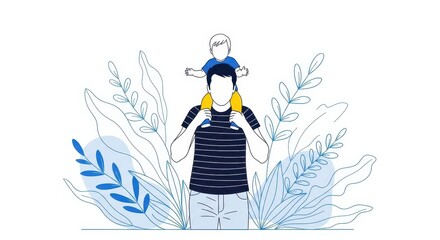 Obraz premium Flat illustration of a father carries his young son on his shoulders, surrounded by stylized plants