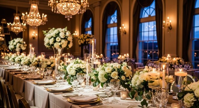 Elegant wedding reception long table, adorned with white flowers and candles - Powered by Adobe