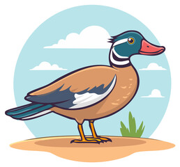 Obraz premium Colorful cartoon wood duck standing outdoors with blue sky and white clouds