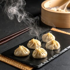 Steaming dumplings served on black slate with chopsticks