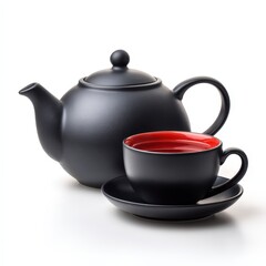 Elegant Black Tea Set Teapot and Cup with Red Interior on White Background Perfect for Tea Time and Relaxation