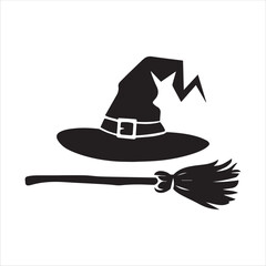 Witch Hat and Broom Silhouette Halloween Vector Icon