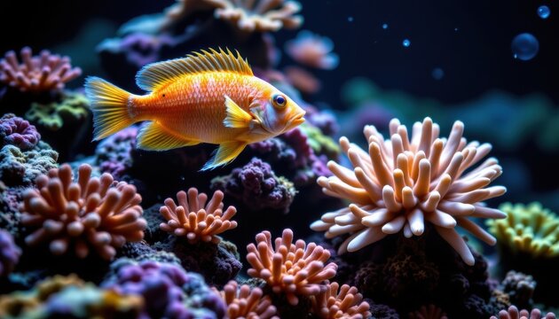 Vibrant reef fish swimming among colorful corals in a lively underwater marine ecosystem with clear blue water and diverse marine life