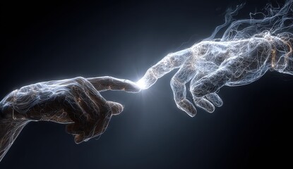 Futuristic connection between human and AI robot symbolizing technology evolution
