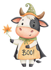 Cute Halloween Cow in Witch Costume with Flower &ndash; Watercolor Illustration