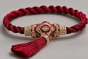 Traditional rakhi rests on plain surface, capturing festive essence in simplicity