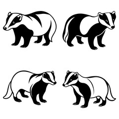 Obraz premium Four badger illustrations in black and white showing different poses and angles of the animal designs