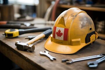 Canadian construction worker's essential safety gear and tools ready for a productive day on site
